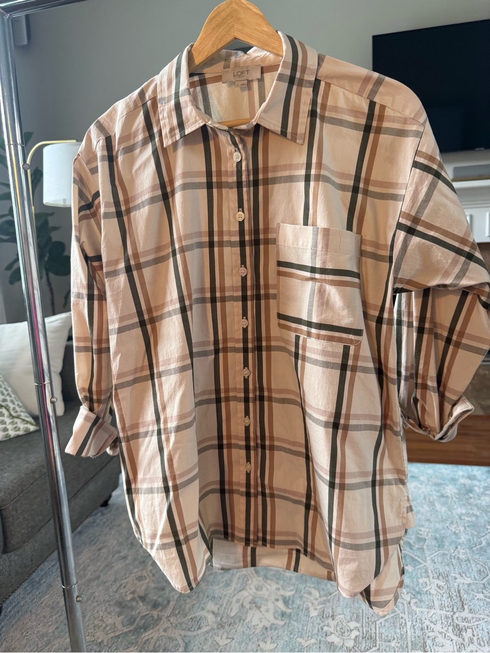 LOFT Outlet Cream Plaid Button-Down Shirt with Tan and Brown Stripes